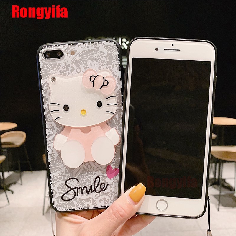 OPPO A9 A5 2020 Reno2 Reno 2F Z Realme 5i 5s 5 3 Pro C3 C2 A1K Phone Case Hello Kitty Mirror Lace Luxury Vintage Strap Case Cover