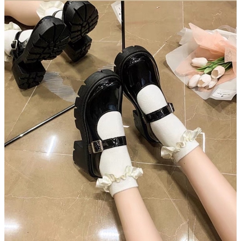 Giày nữ Lotita Khuy Cài Đế 7 Phân Da Bóng Đế Răng Cưa, Cá Tính Mã HV 123