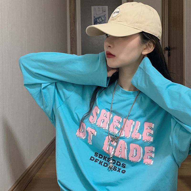 NRVP Áo Thun 100% Cotton Tay Dài Dáng Rộng In Họa Tiết Phong Cách Hàn Quốc Cho Nữ