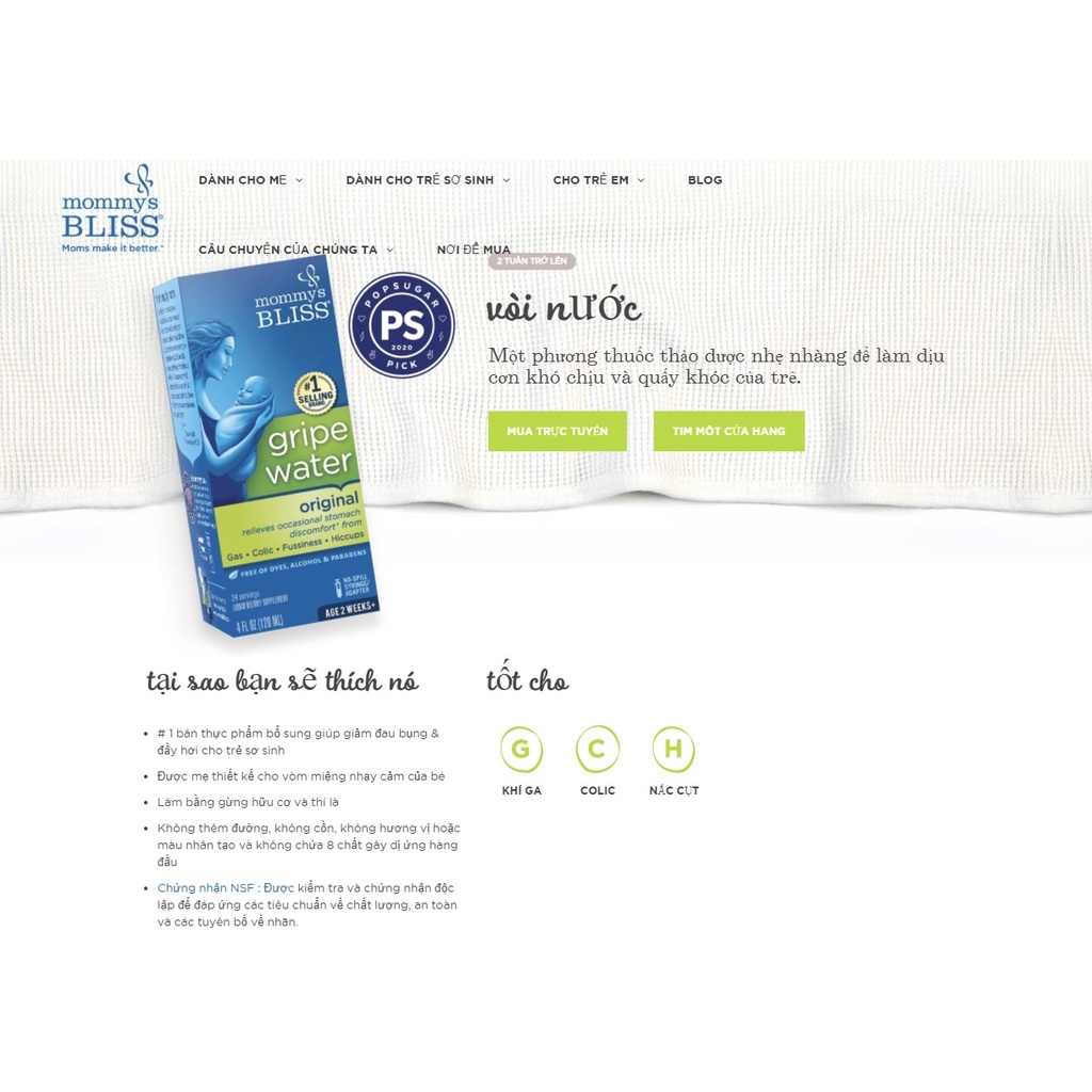 Siro Gripe Water Mommy's Bliss hỗ trợ tiêu ga, giảm đầy hơi, giảm đau bụng ở trẻ sơ sinh.