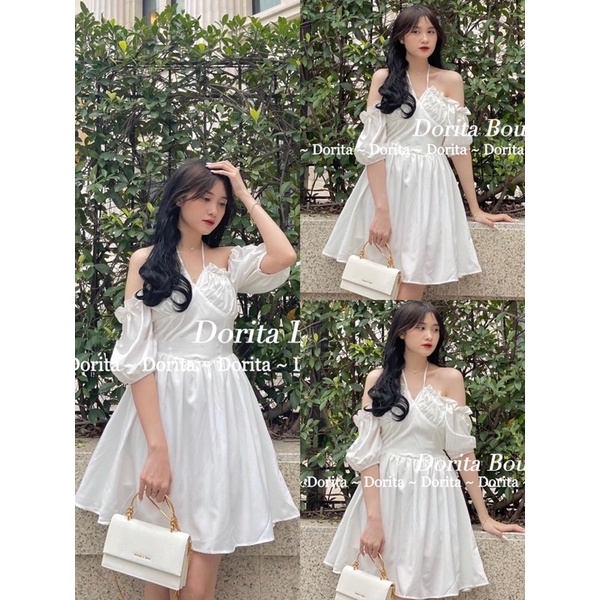 Váy trễ vai Kelly tay bồng trắng mặc 2 kiểu. Đầm trễ vai xẻ ngực đan dây Hàn Quốc