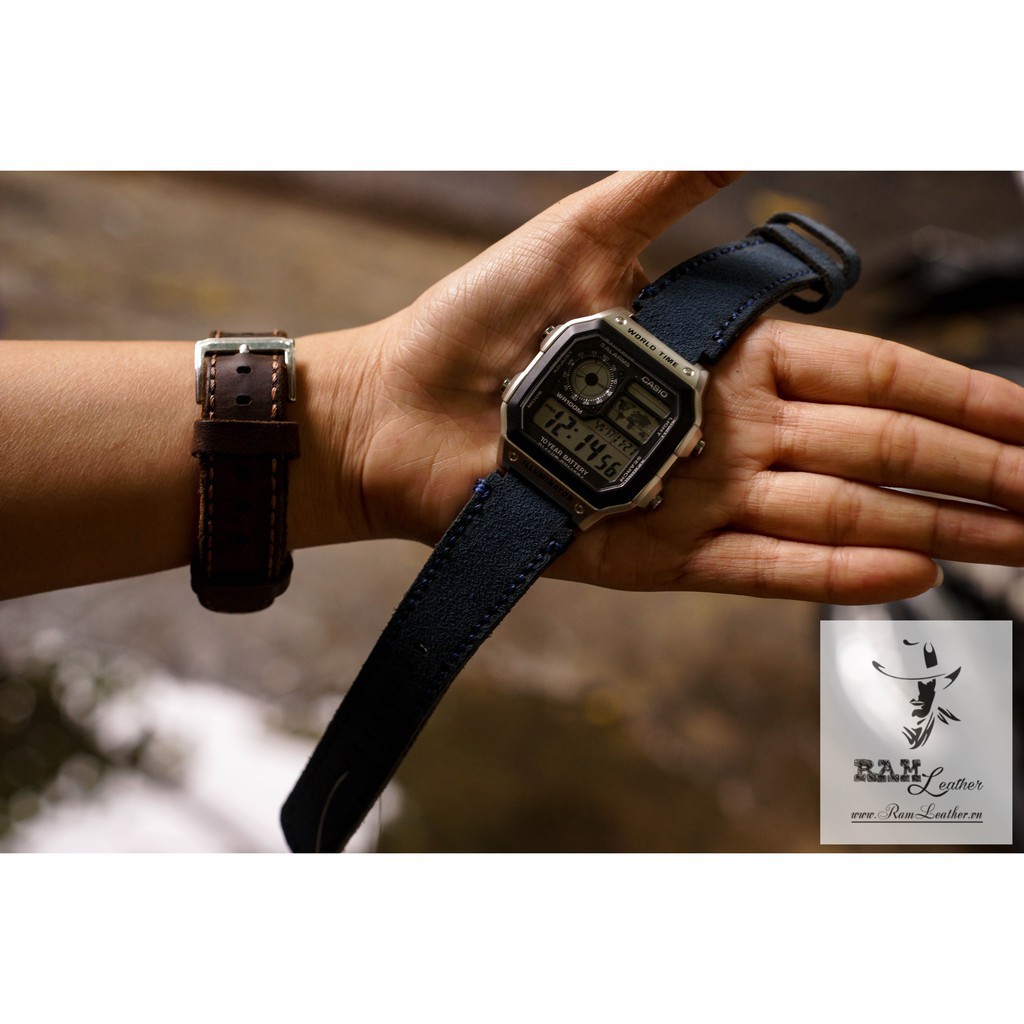 DÂY ĐỒNG CASIO DA BÒ THẬT RAM 1961 XANH COBAN - CASIO AE 1200 / 1300 / 1100 / 1000 / SEIKO / ORIENT *