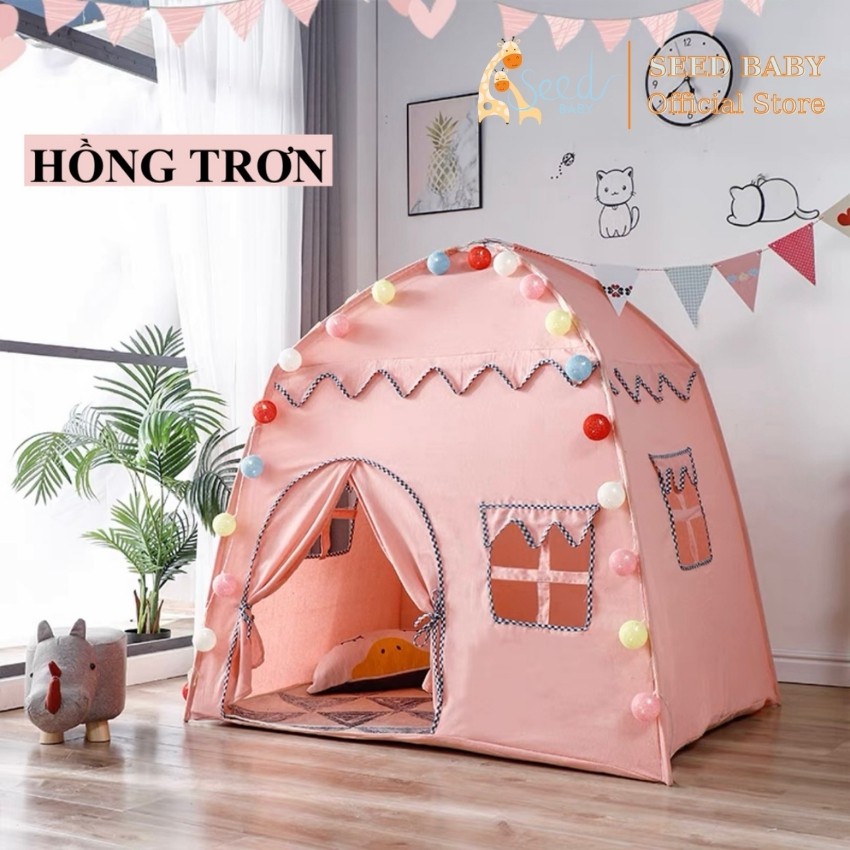 Lều ngôi nhà cho bé vải lanh cotton thoáng mát, an toàn cho trẻ tặng kèm dây đèn 20 bóng (không kèm thảm) - Seed Baby