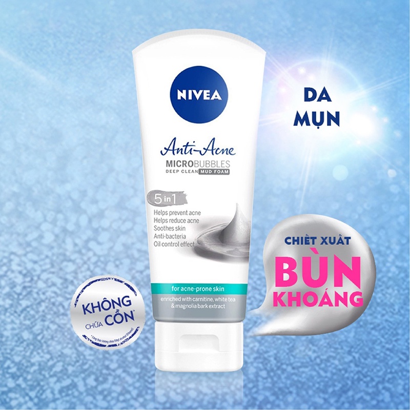 Sữa Rửa Mặt Nivea Tẩy Trang Khoáng Chất Ngừa Mụn  Anti-Acne Micro Bubbles Deep Clean Mud Foam 5IN1 100g
