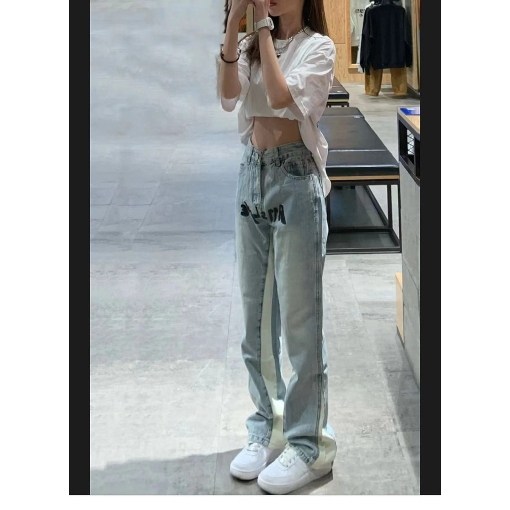 Quần jeans Nữ Lưng Cao Ống Rộng In Chữ Phong Cách retro