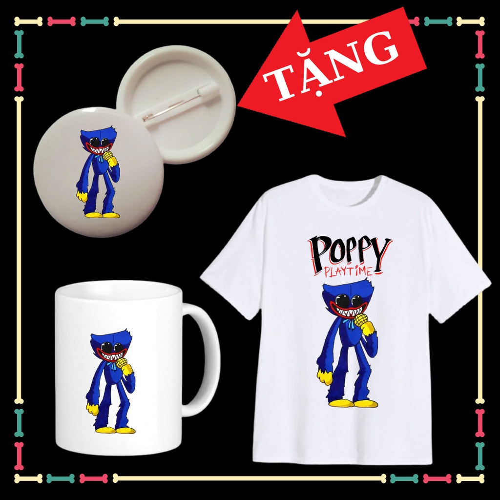 Combo Ly sứ  Huggy Wuggy- Áo thun Huggy Wuggy Poppy Playtime cho trẻ em Tặng Huy Hiệu Huggy Wuggy Có size áo người lớn