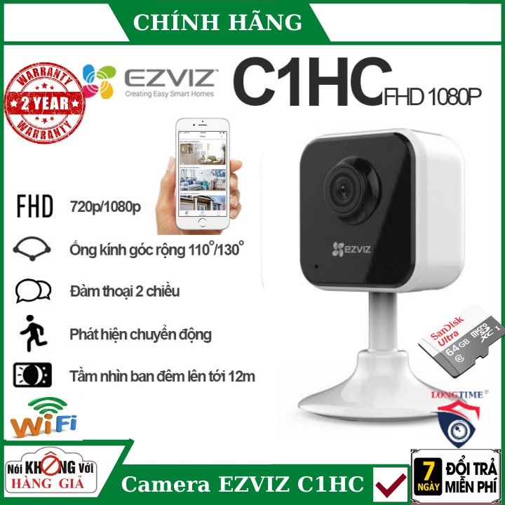 Camera Ezviz , camera wifi EZVIZ C1HC 1080p đàm thoại 2 chiều, ống kính góc rộng 130 độ, phát hiện chuyển động