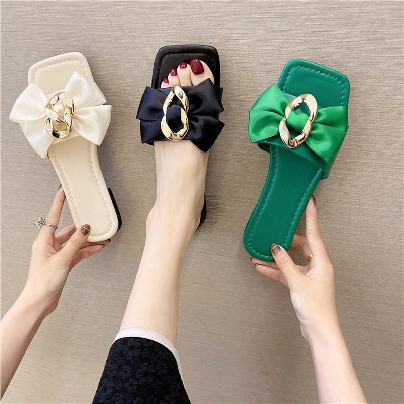 Big Size 35-43 Dép Sandal Nữ Da Đế Bệt Trang Trí Nơ Kim Loại Thời Trang Mùa Hè Cho