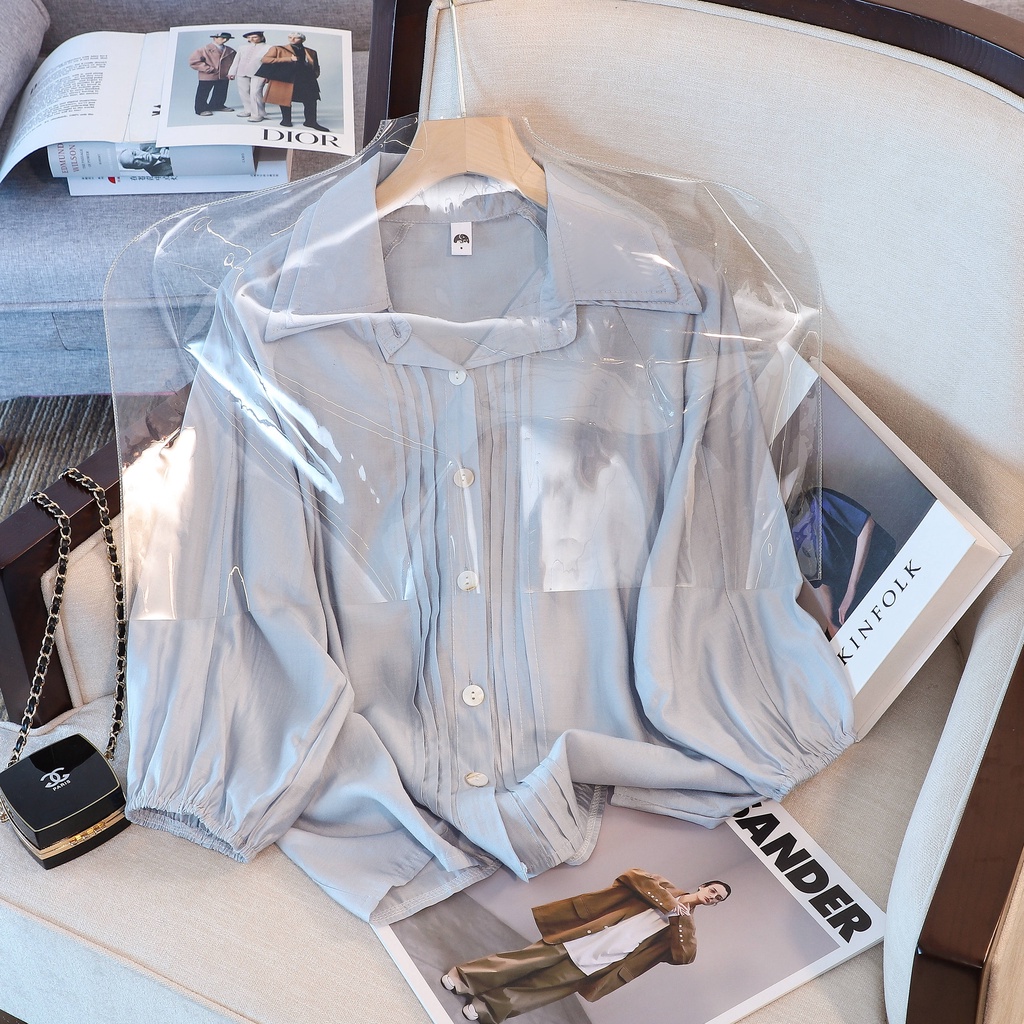 SUXI Áo Sơ Mi Tay Dài Phồng Cổ Bẻ Màu Xanh Dương Đơn Giản Thời Trang Cho Nữ