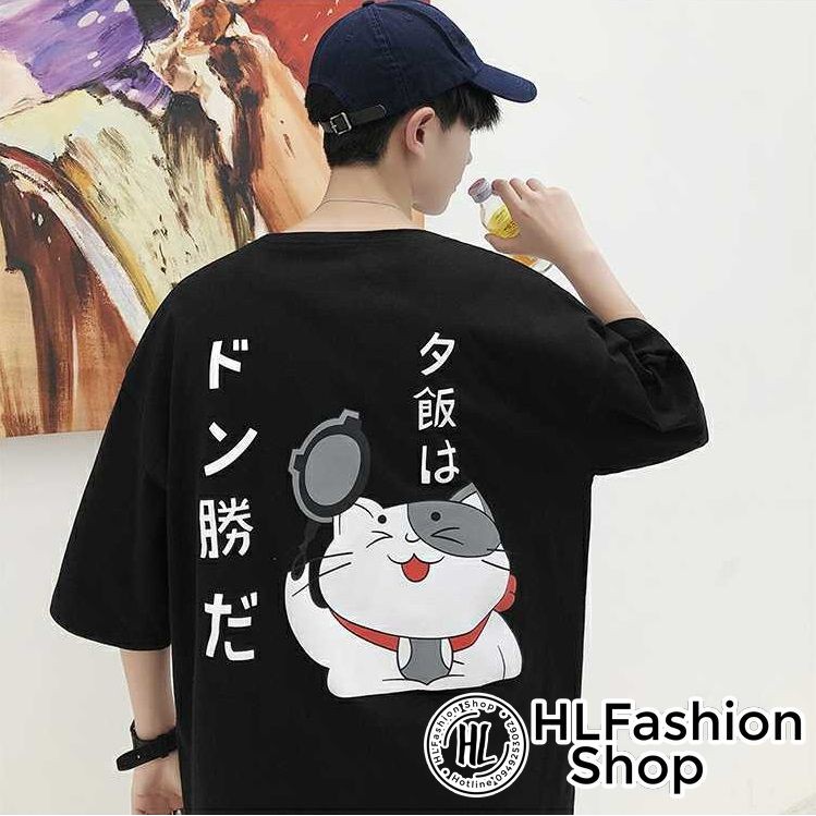 Áo thun tay lỡ form rộng con mèo nhật bản cầm cái chảo dễ thương đáng yêu, áo phông in HLFashion | BigBuy360 - bigbuy360.vn