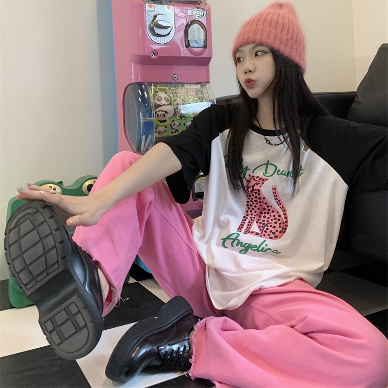 Áo Thun Ngắn Tay Dáng Rộng In Họa Tiết Da Báo Màu Sắc Tương Phản Thời Trang Mùa Hè Cho Nữ