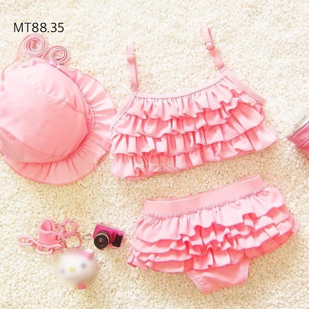 Đồ bơi bikini ba mảnh bánh bèo màu hồng siêu dễ thương - MT88.35