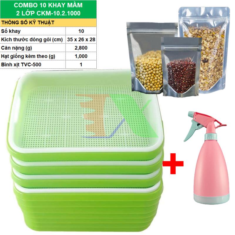 Combo Khay trồng Rau mầm Thủy canh 2 lớp CKM, Kèm Hạt giống, Bình xịt