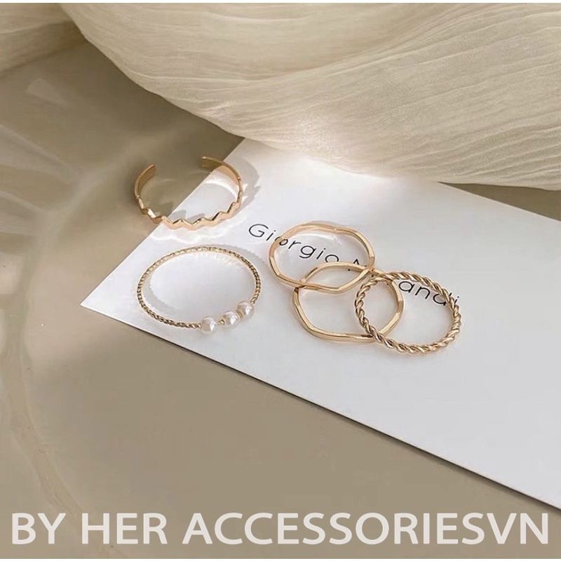 Bộ nhẫn nữ ngọc trai nhân tạo gợn sóng , Set nhẫn basic mạ bạc 925 cá tính Her Accessories N27