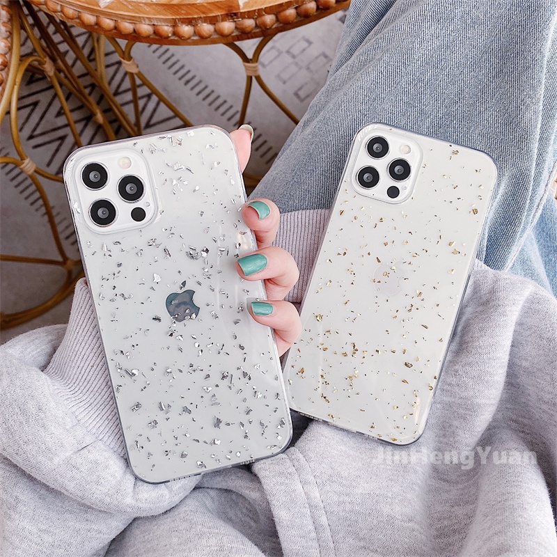 Ốp điện thoại TPU silicon trong suốt phối kim tuyến vàng lấp lánh cho IPHONE 13 12 11 PRO MAX 7 8 PLUS X XSMAX XR