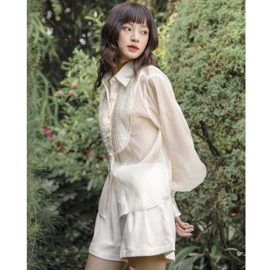 Áo sơ mi kem organza xếp ly Creamy Camille Stripe Shirt