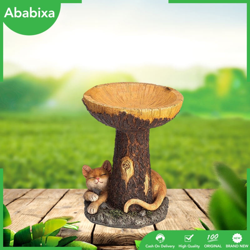 Bồn tắm resin cho chim tắm điêu tắc tượng thân cây và chú mèo trang trí sân vườn/bãi cỏ