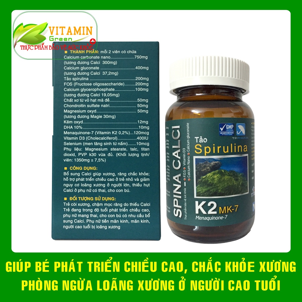 Canxi tảo Spirulina SPINA CALCI K2 MK7  giúp tăng chiều cao cho trẻ và chắc khỏe xương cho cả gia đình.