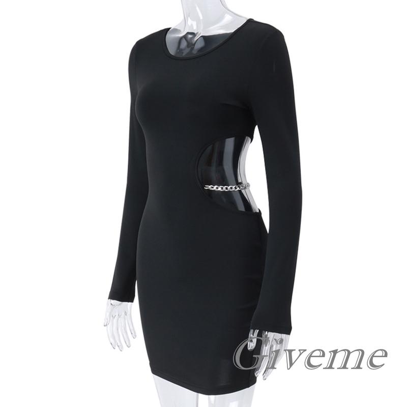 Đầm Ngắn Cổ Tròn Tay Dài Màu Trơn Phối Dây Xích Kim Loại Thời Trang Mùa Thu Cho Nữ