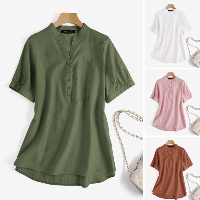 Áo sơ mi ZANZEA tay lửng 3/4 cài nút màu trơn thời trang vintage cho nữ