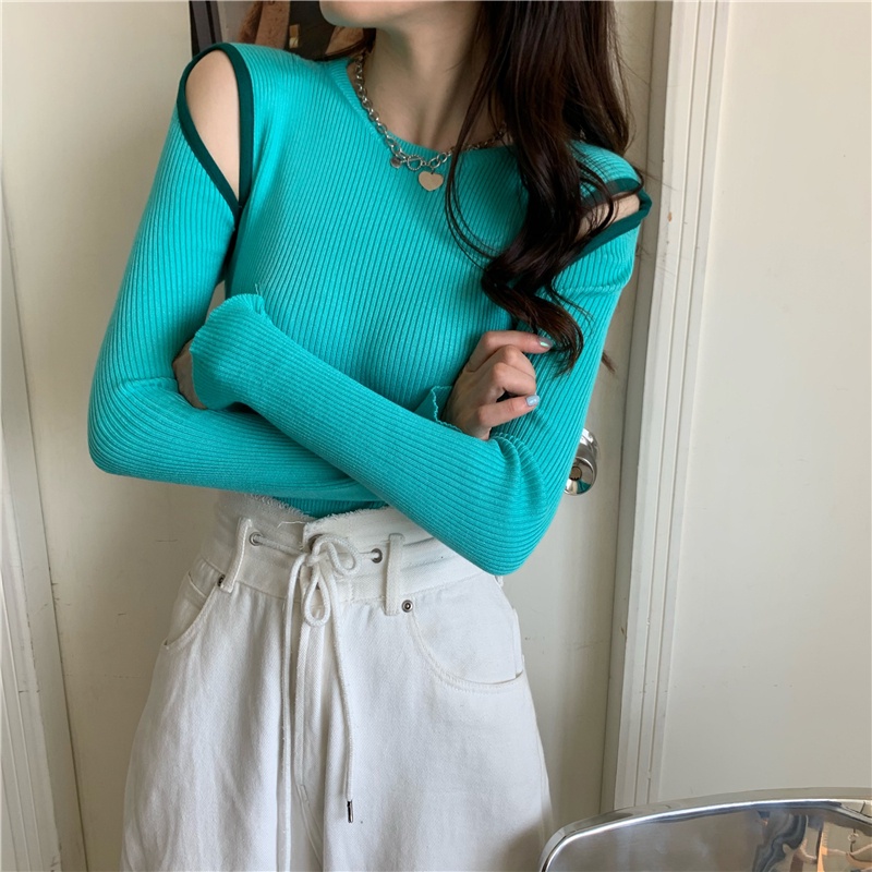 Áo sweater dệt kim tay dài hở vai thời trang Hàn Quốc quyến rũ