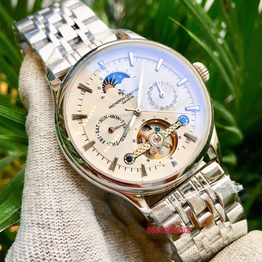 Đồng hồ Nam Vacheron máy nhật, mẫu 5kim lộ cơ thanh ngang, mặt trắng viền trắng , dòng cơ Automatic size 40mm-41mm