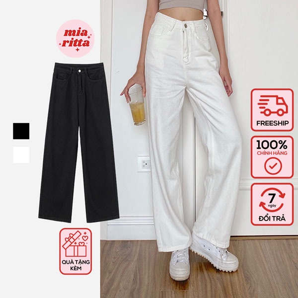Quần jeans ống đứng dài cạp cao quần jeans nữ ống rộng basic cạp cao J434 Ảnh thật
