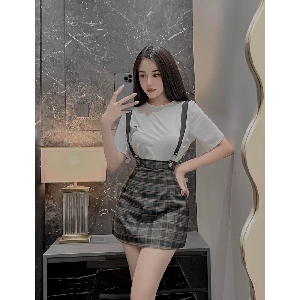 Váy Yếm kẻ caro mix Áo phông trắng P/cHàn Quốc phù hợp mặc đôi với bạn thân
