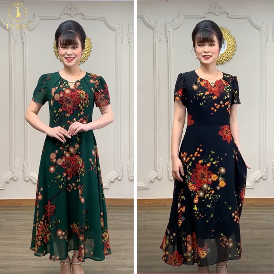 Váy Trung Niên U50 U60 Voan tơ 2 lớp hàng thiết kế LYBEE (mã LV362)