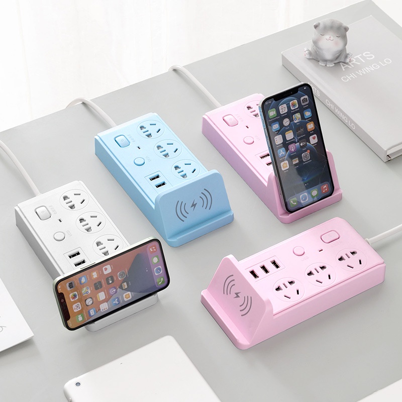 Ổ cắm điện thông minh đa năng hỗ trợ sạc không dây 3 cổng USB 3 ổ điện đa chuẩn phích cắm 2 công tắc chịu tải 2500W dây