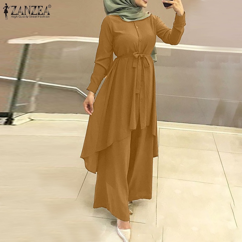 Set trang phục ZANZEA áo đầm tay dài + quần dài ống rộng thời trang nữ