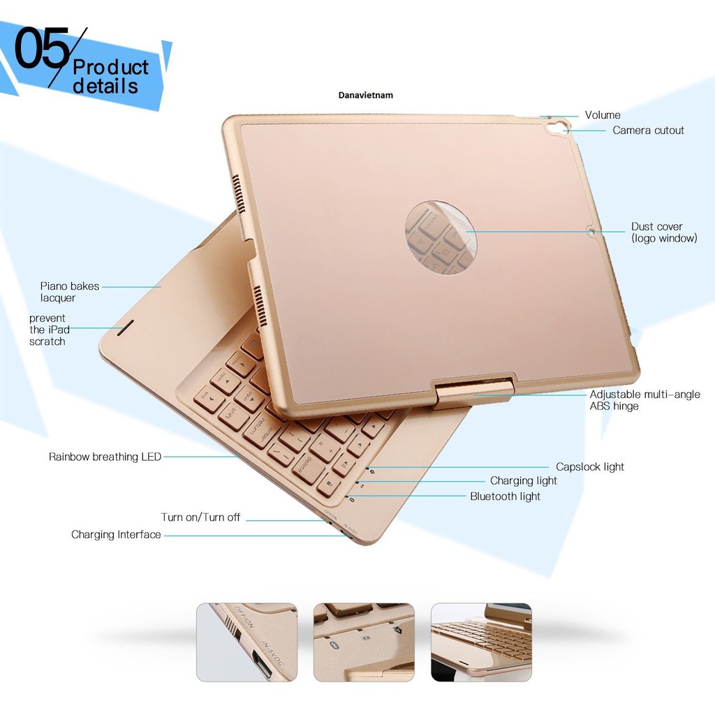 Bàn phím bluetooth kiêm ốp lưng F360 cho iPad Pro 10.5'' xoay 360 độ (Gold) tặng cáp sạc iPhone