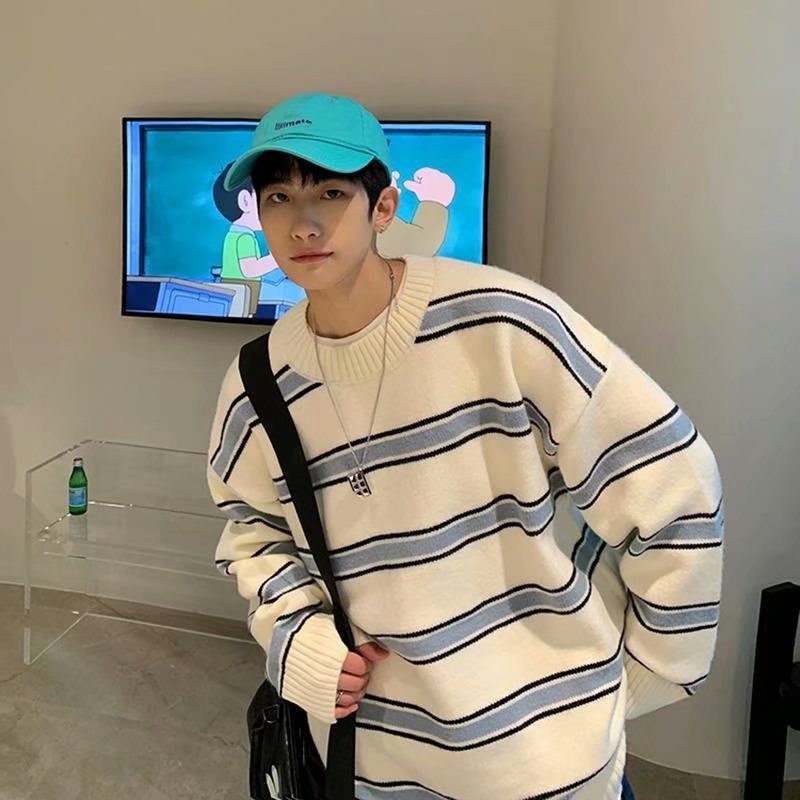 Áo Sweater Dệt Kim Cổ Tròn Tay Dài Dáng Rộng Kẻ Sọc Kiểu Hàn Quốc Thời Trang Thu Đông Cho Nam