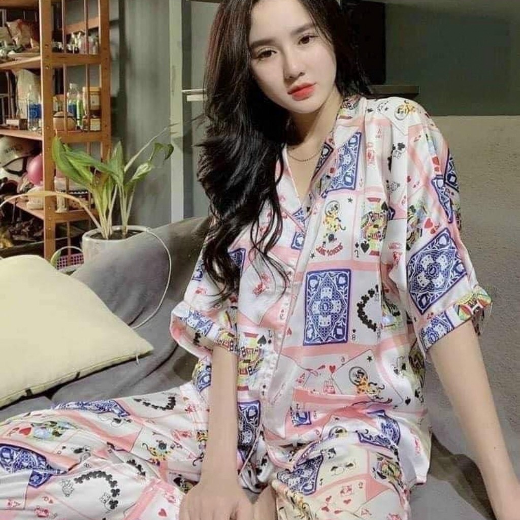 Đồ bộ Pijama lụa satin cao cấp mềm mịn, thoáng mát, tay ngắn kiểu dáng tiểu thư cực kì đáng yêu | BigBuy360 - bigbuy360.vn