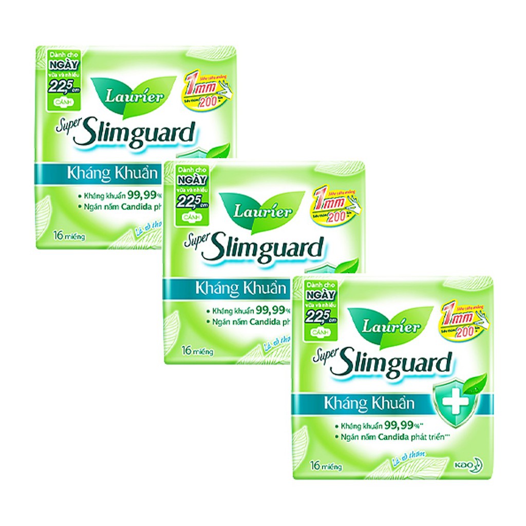 Combo 3 gói Băng Vệ Sinh Laurier Siêu Mỏng Cánh 1mm Super Slimguard Kháng Khuẩn (22.5cm-16M)