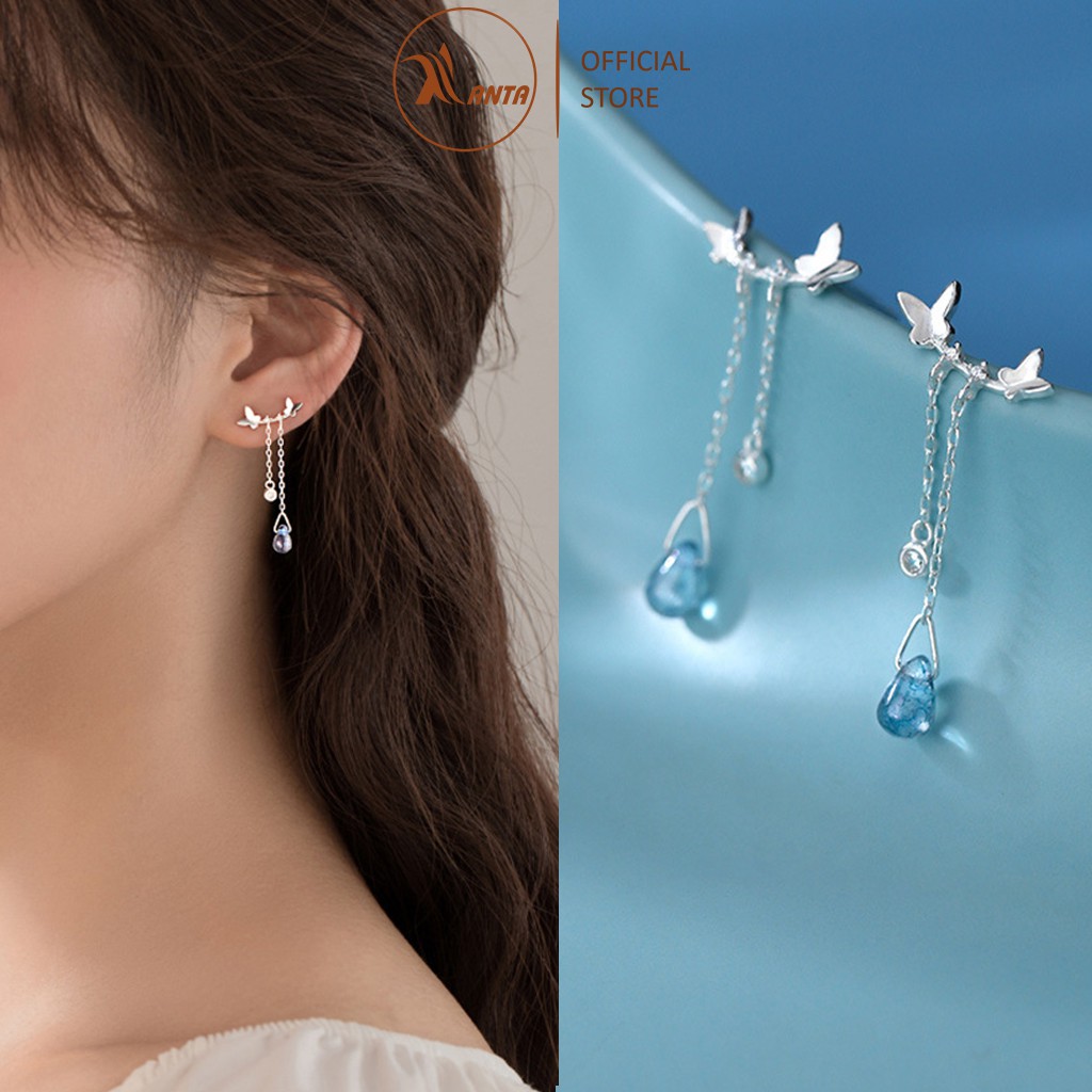 Bông Tai Bạc 925 ATJ7054B Hình Bướm Thả Dài Đính Đá Pha Lê Xanh Phong Cách Hàn Quốc -  ANTA Jewelry