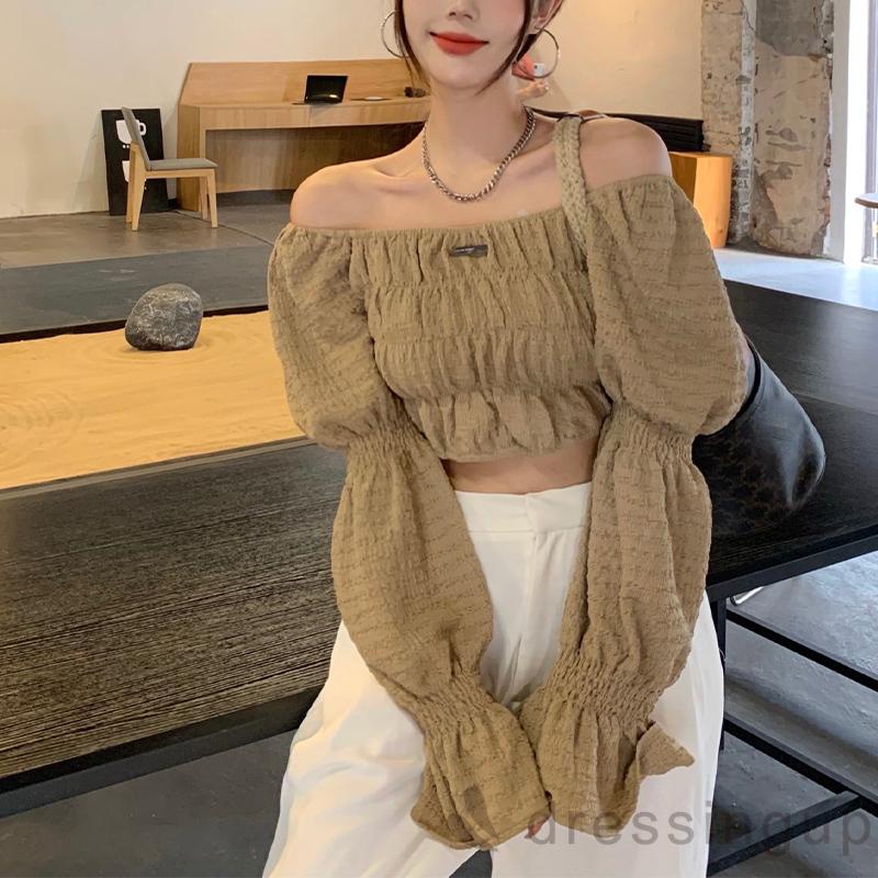 Áo thun trễ vai tay phồng dài màu trơn hở lưng thời trang cho nữ