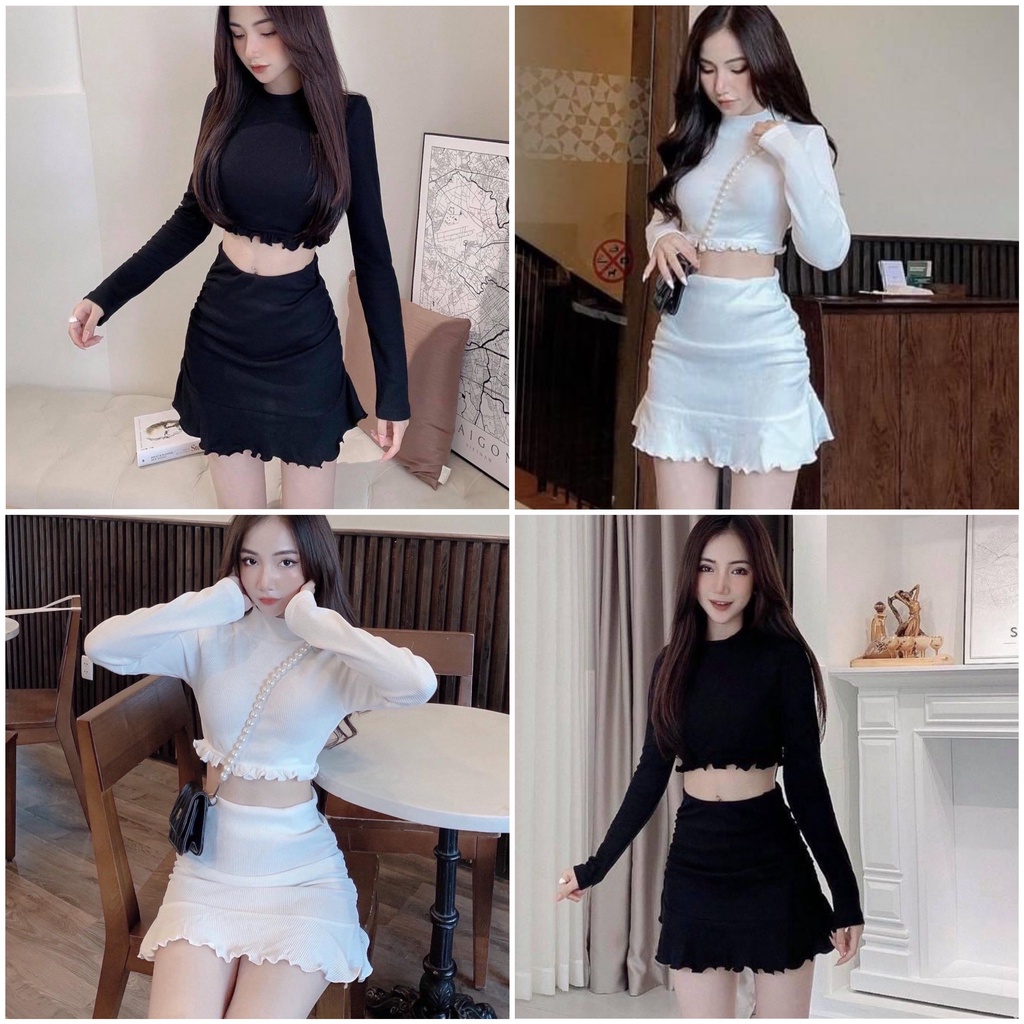 Set 2 món gồm áo croptop dài tay kết hợp chân váy ngắn chất thun tăm freesize dưới 55kg cho nữ