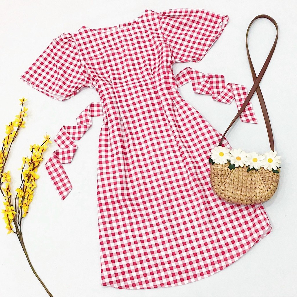 Đầm váy freesize caro đỏ to cột nơ sau