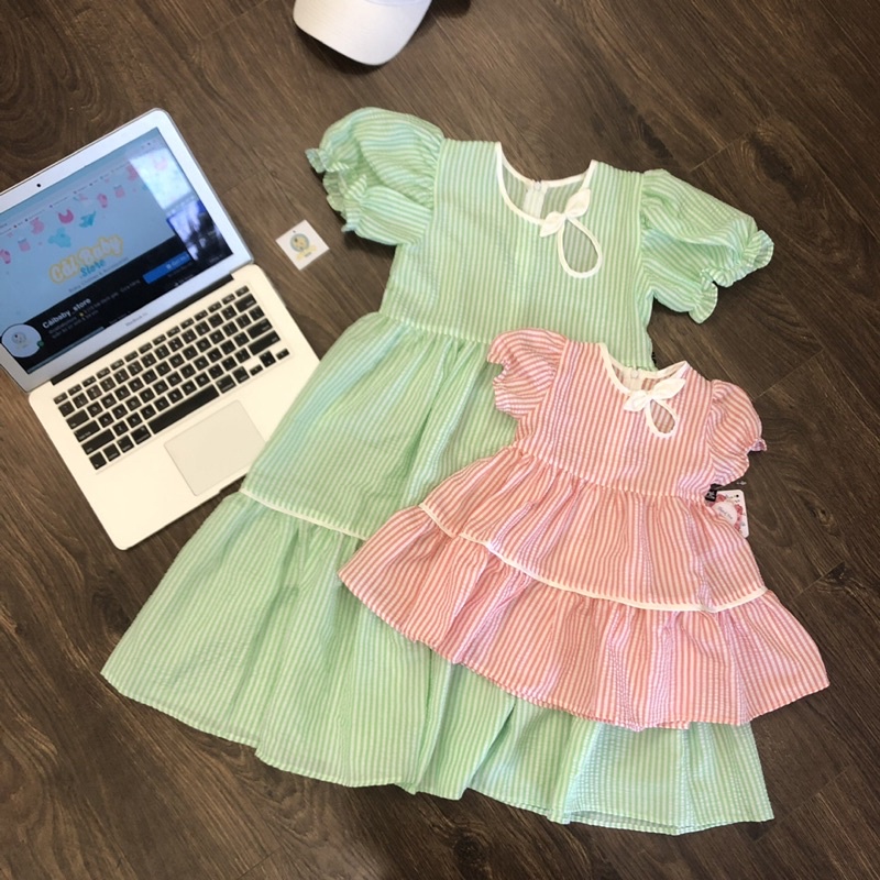 Váy Công Chúa Cổ Nơ Tay Bồng Chất Đũi Xốp Dễ Thương Cho Bé Gái