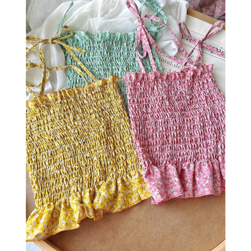 Áo Hai Dây Voan Hoa Nhún Cột