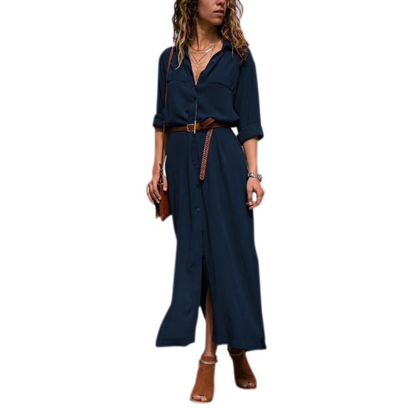 Đầm Sơ Mi Maxi Màu Trơn Dáng Dài Xẻ Tà Cài Khuy Thời Trang Cho Bạn Gái