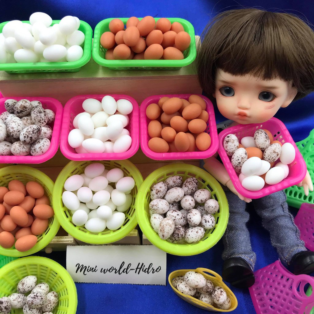 Combo rổ rá giỏ nhựa đi chợ trứng gà vịt cút mini tí hon mô hình dùng cho trang trí nhà búp bê BJD Barbie tỉ lệ 1/12,1/8