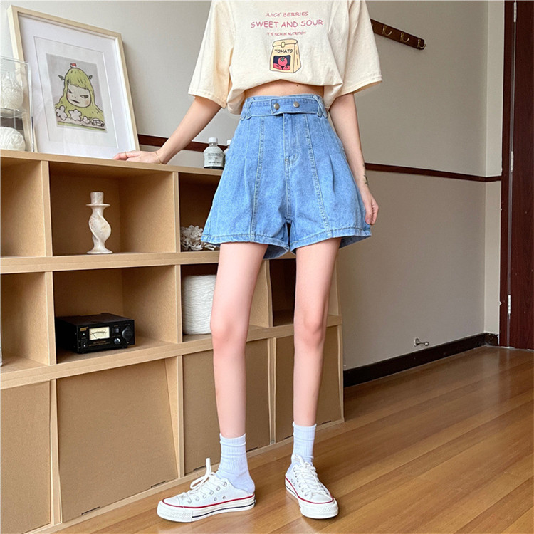 Quần Short Denim Lưng Cao Ống Rộng Điều Chỉnh Được Màu Sắc Phong Cách Cổ Điển Cho Nữ