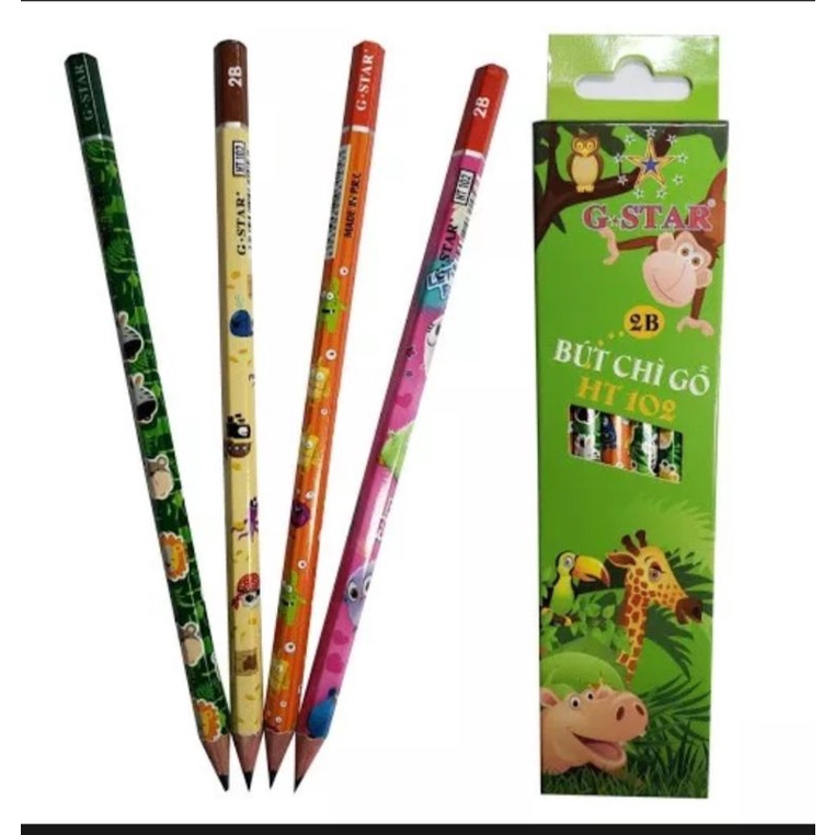 Hộp 12 bút chì 2B hoạt hình ⚡ SIÊU ĐÁNG YÊU ⚡ Cây viết chì HT102 họa tiết dễ thương, màu sắc đa dạng