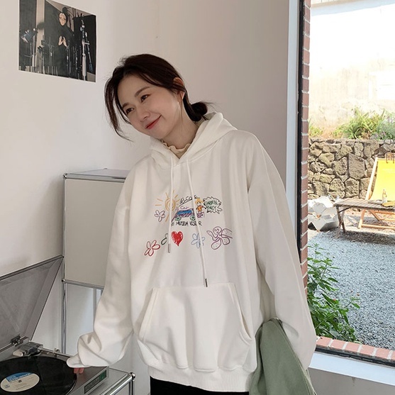 Áo Hoodie Dáng Rộng In Chữ Graffiti Dễ Phối Đồ
