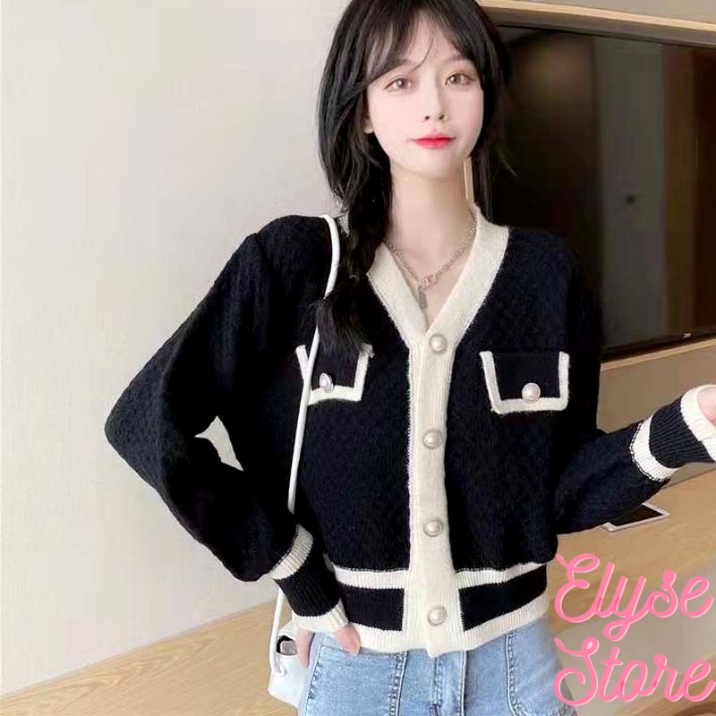 Áo khoác cardigan nữ tay dài Cadigan viền đen trắng Phong cách trẻ trung Hàn Quốc C-1