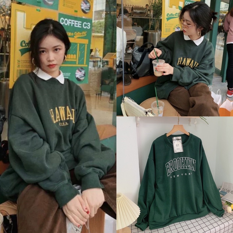 [Ảnh thật/Video]Áo Sweater xanh rêu Form Rộng Unisex Tay Bồng Nam Nữ Mặc Được Chất Nỉ Hàng Xuất