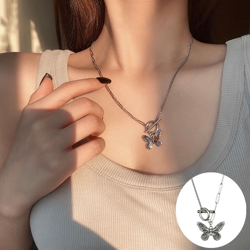 Ahellogirl Vòng cổ Mặt Hình Cánh Bướm Bằng Thép Không Gỉ Đính Đá Phong Cách Vintage