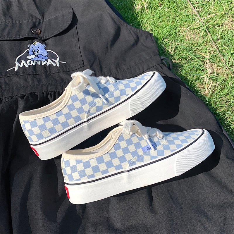 Giày Vải Canvas Kẻ Sọc Caro Màu Xanh Dương Phong Cách Hồng Kông Thời Trang Xuân Thu 2022 Cho Nữ